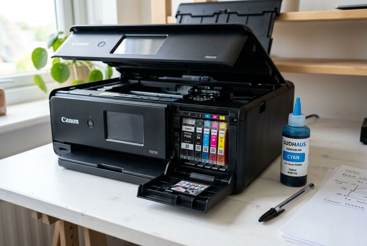 Imprimante Canon avec cartouches d’encre couleur, bocal d’encre couleur et feutre sur le bureau; ambient de bureau. encre universelle pour une imprimante canon