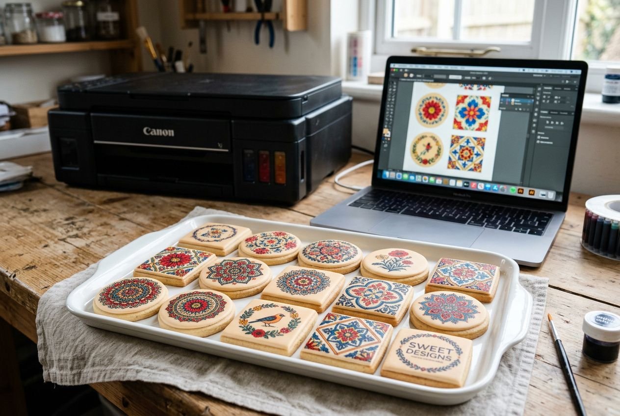 Impression sur biscuits: cookies décorés posés sur une plaque, imprimante Canon et ordinateur affichant des motifs décoratifs pour imprimante pour imprimer biscuits.