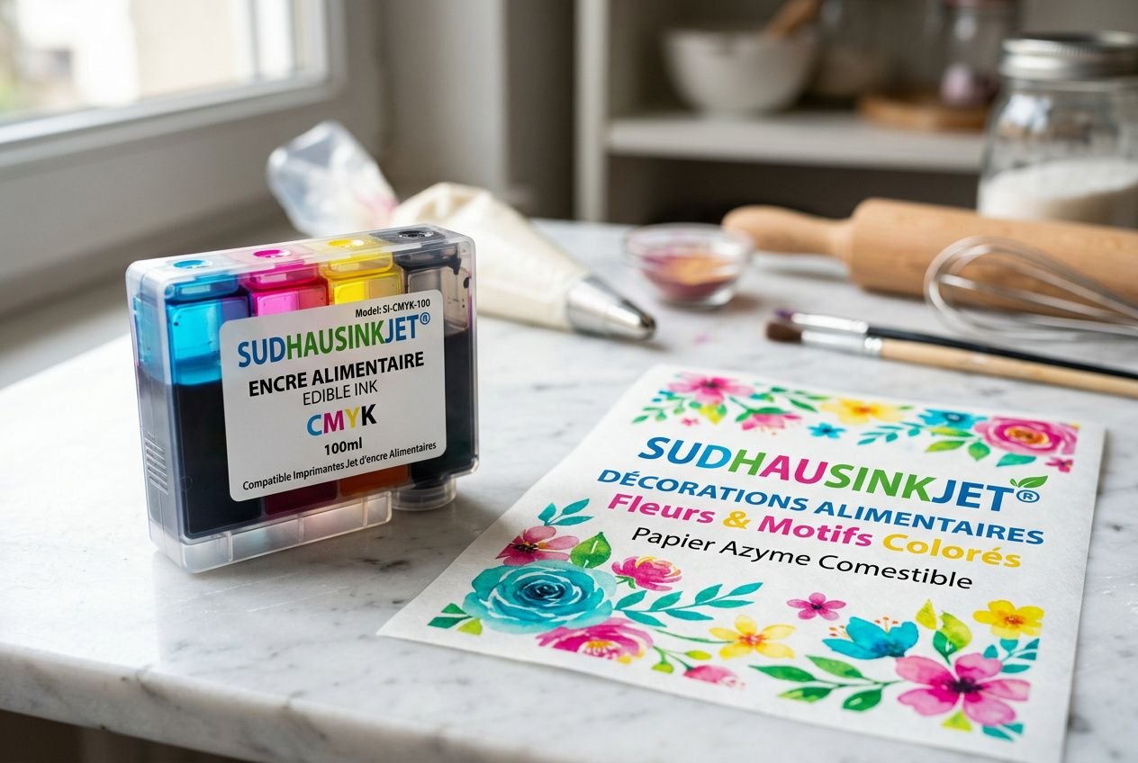 Encre alimentaire pour impression en flacon CMYK et cartouche, près d’un motif floral décoratif imprimé comestible.
