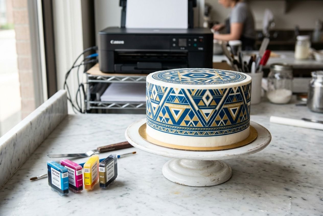 Gâteau décoré avec un motif géométrique bleu et or sur socle blanc, encre comestible et kits d’imprimante alimentaire visibles à côté sur le plan de travail.