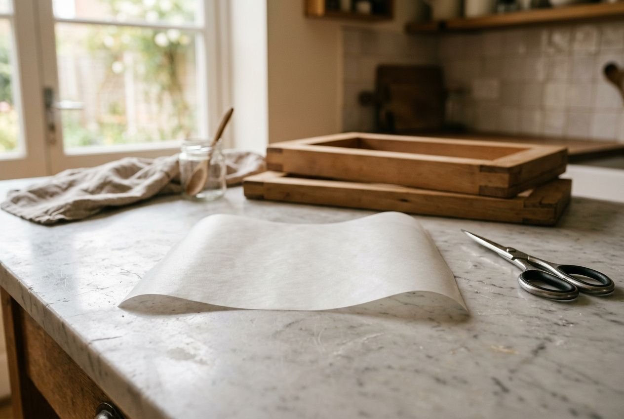 Feuille d'azyme prête à être découpée sur un plan de travail, avec ciseaux et boîte à outils en arrière-plan. Feuille d'azyme où en trouver naturelle pour calissons.