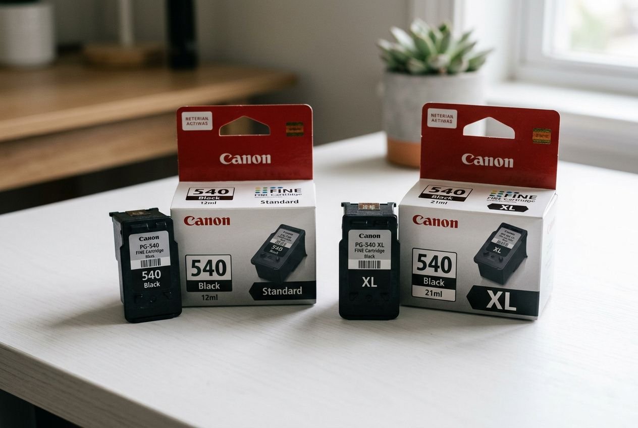 Cartouches d’encre Canon PG-540 et PG-540 XL sur une table, emballages blanc et rouge montrant les versions Standard et XL, avec légendes “540 Black 12ml” et “540 XL Black 21ml” au premier plan. Différence cartouche 540 et 540 xl évoquée par le comparatif.