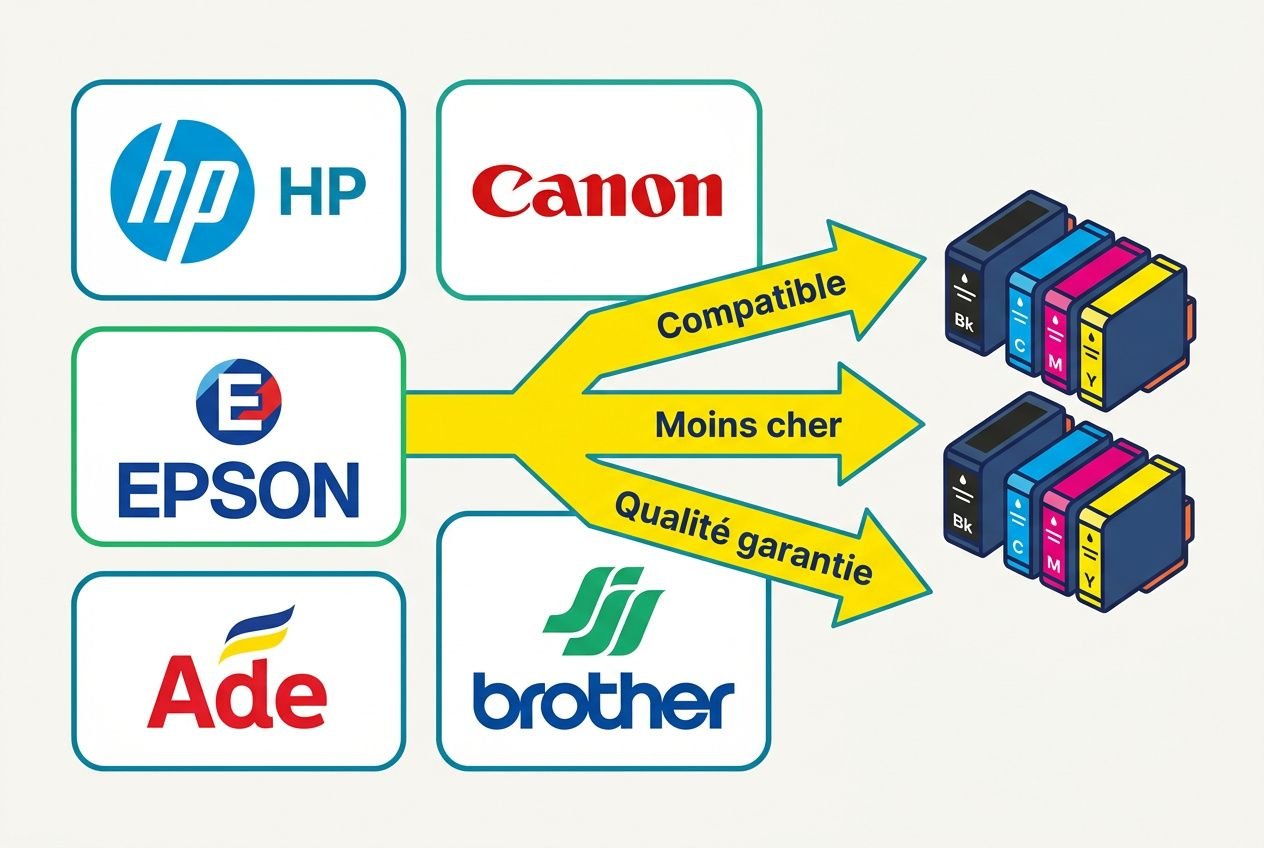 Cartouches d’encre compatibles et économiques pour HP, Canon, Epson et Brother, affichant des options à prix défiant toute concurrence.