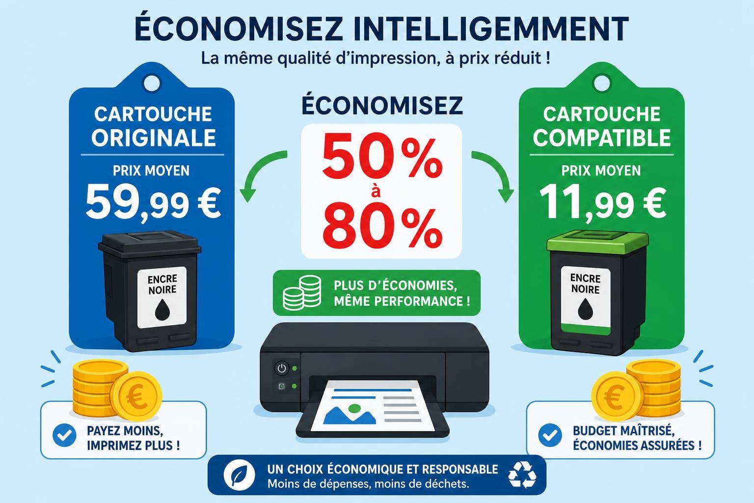 Cartouches d'encre compatibles et originales affichées côté à côté, avec étiquettes Prix moyen et économie 50–80%, impressionatrice au centre.