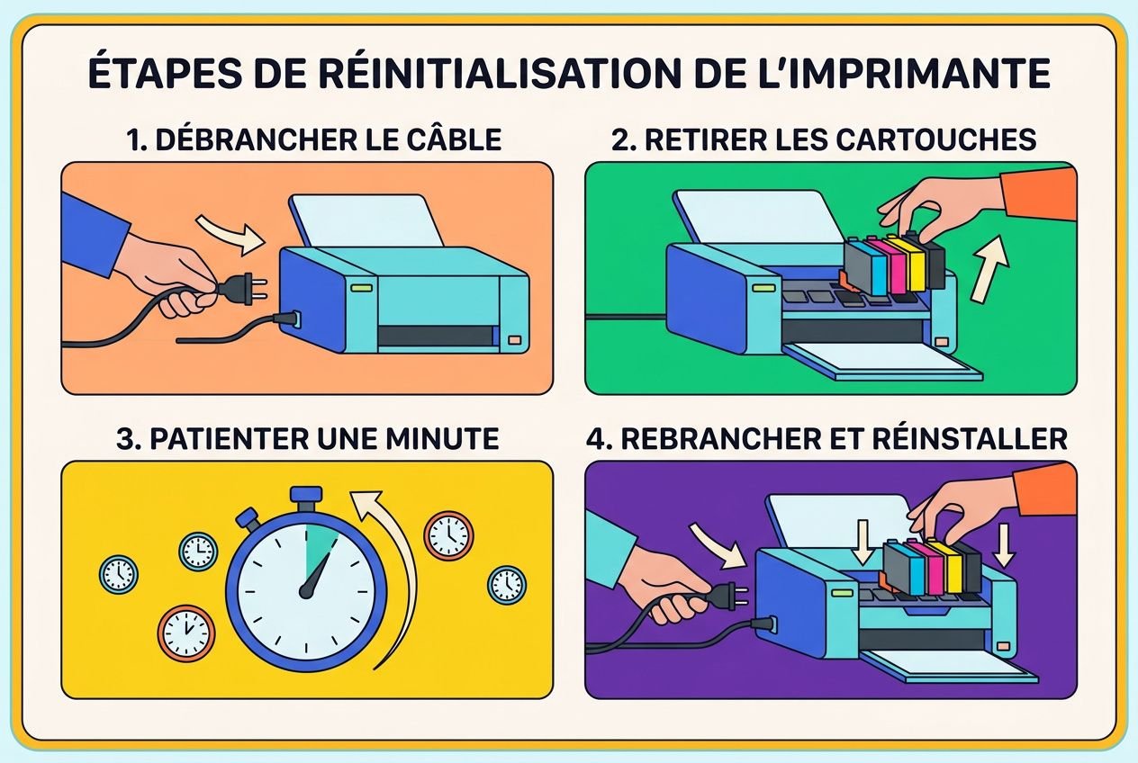 Comment savoir si l'encre est compatible avec vos imprimantes: illustration d’étapes de réinitialisation de l’imprimante, boutons et cartouches.