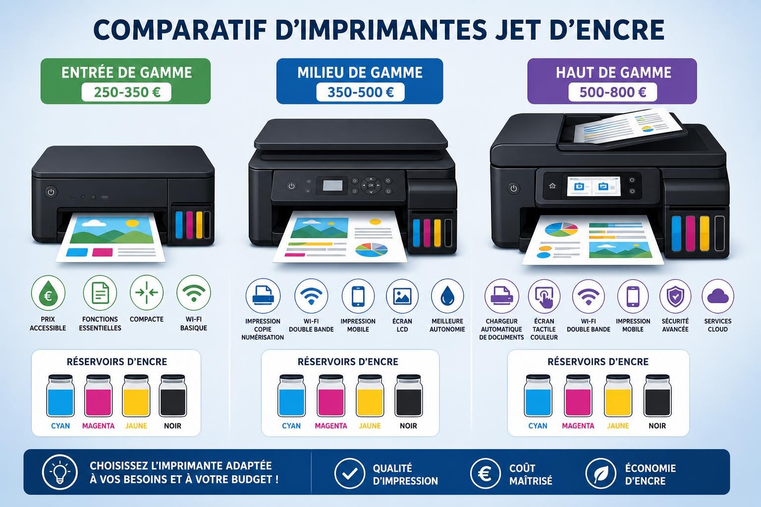 Comparatif d’imprimantes jet d’encre avec réservoirs: modèle entrée/milieu/haut de gamme, réservoirs couleur cyan, magenta, jaune et noir; caractéristiques avancées et impressions recto verso automatiques.