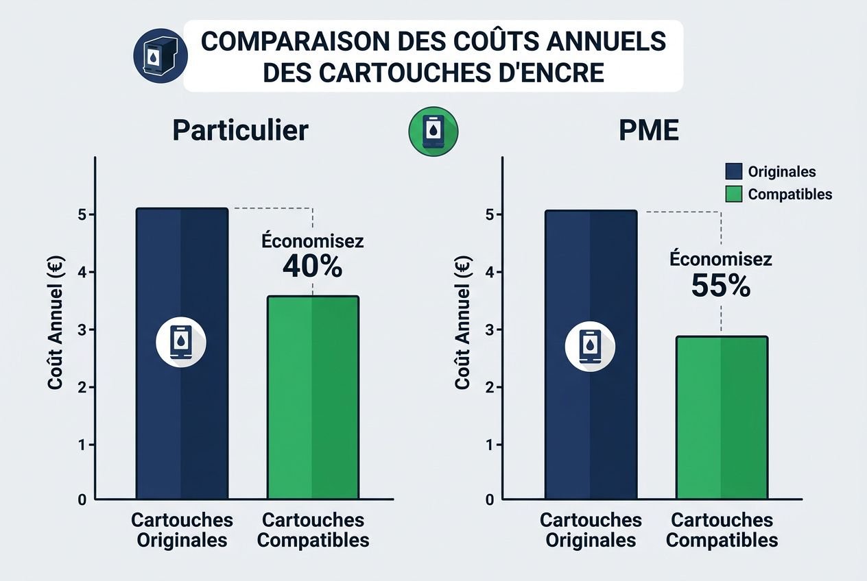 Comparatif prix encre imprimante : graphique montrant les coûts annuels des cartouches d’encre originales vs compatibles, avec économie estimée.