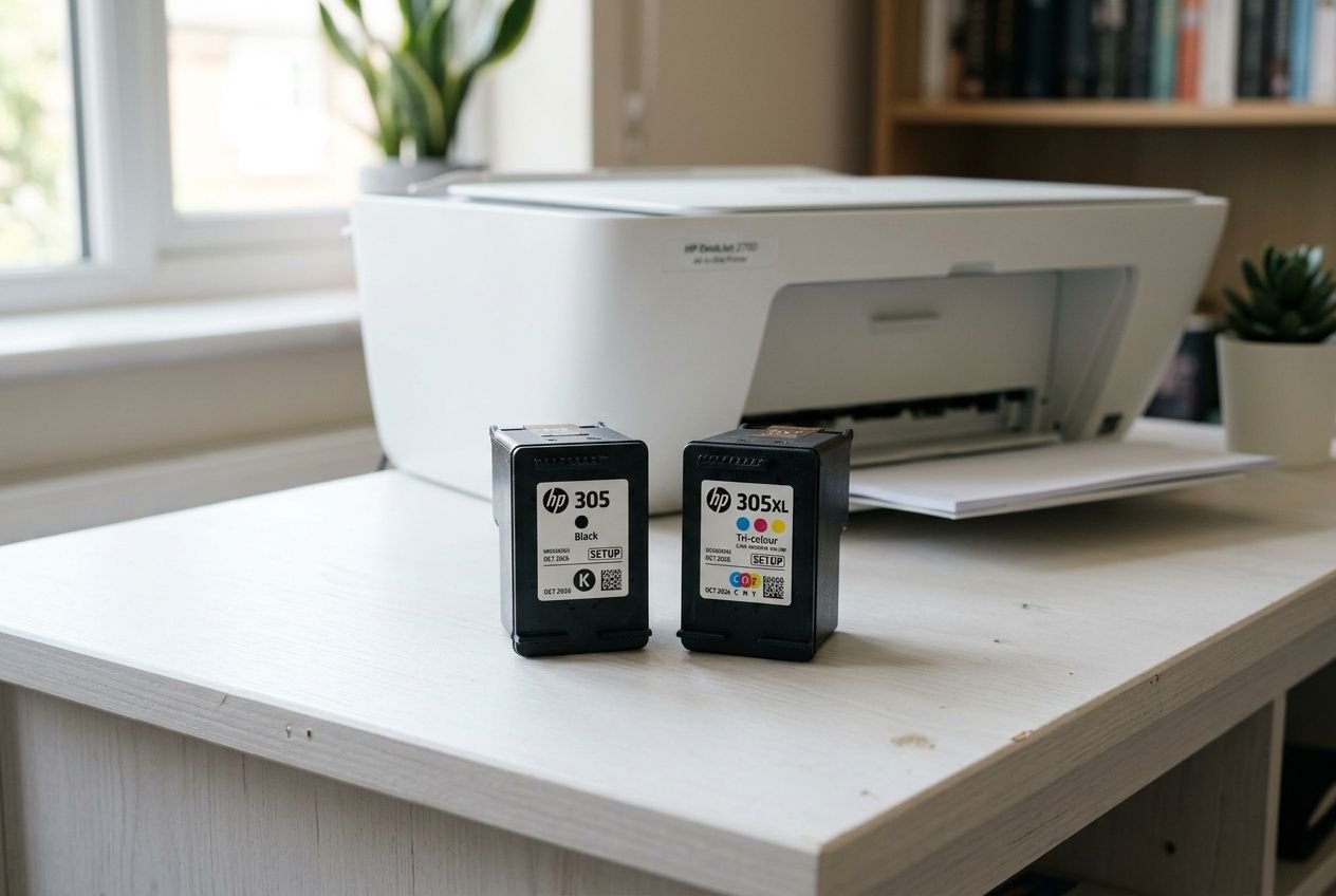 Deux cartouches dâencre HP (305 et 305XL) posĂ©es sur un bureau prĂšs dâune imprimante Deskjet.