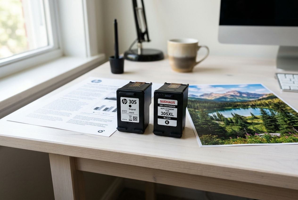 Deux cartouches d’encre HP et Sudhaus sur un bureau près d’un ordinateur, entourées de documents et d’une photo panoramique. Différence encre compatible originale est suggérée par le contexte.