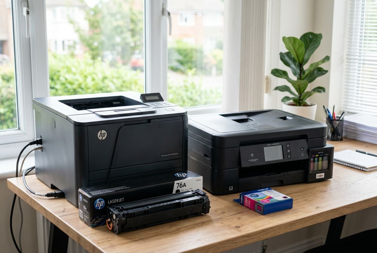 Deux imprimantes jet d'encre et laser sur un bureau, avec cartouches et toner visibles, illustrant la différence encre toner dans un contexte domestique.