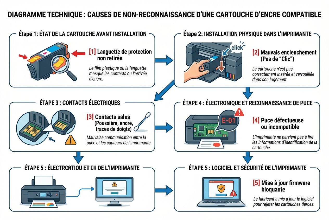 Diagramme technique sur les causes de non-reconnaissance d’une cartouche d’encre compatible, étape par étape, avec icônes et flèches. intégré : "comment savoir si l'encre est compatible" en contexte.