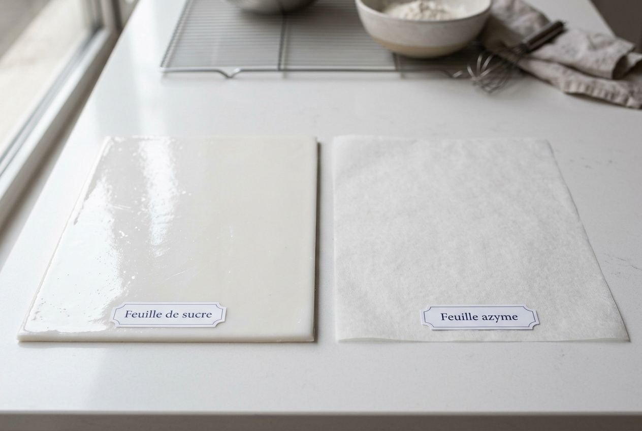 Différence feuilles de sucre et d'azyme: deux plaques sur une table de cuisine, l'une étiquetée "Feuille de sucre" l'autre "Feuille azyme", prêt à être utilisés pour décorer des gâteaux.