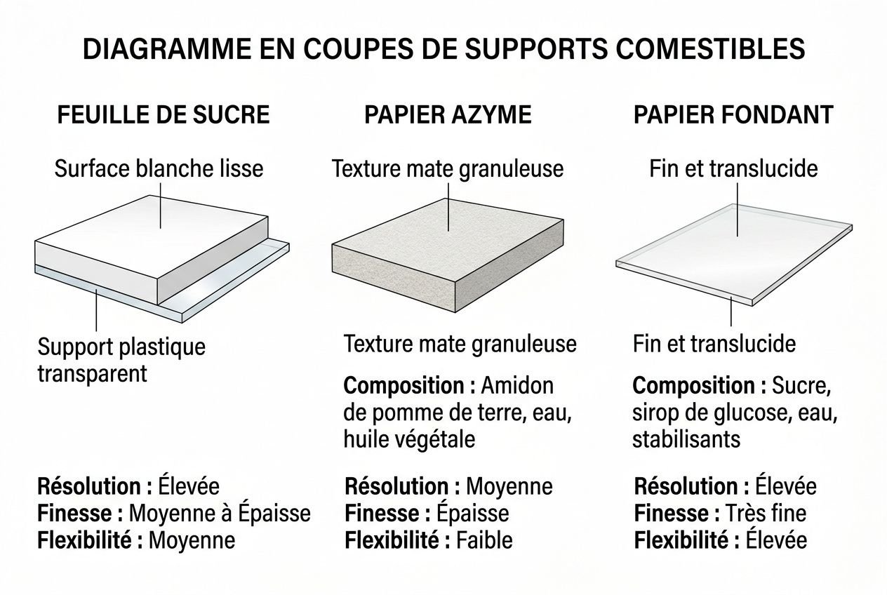 Diagramme en coupes de supports comestibles montrant feuille de sucre, azyme et papier fondant avec textures et compositions pour imprimer sur des aliments.