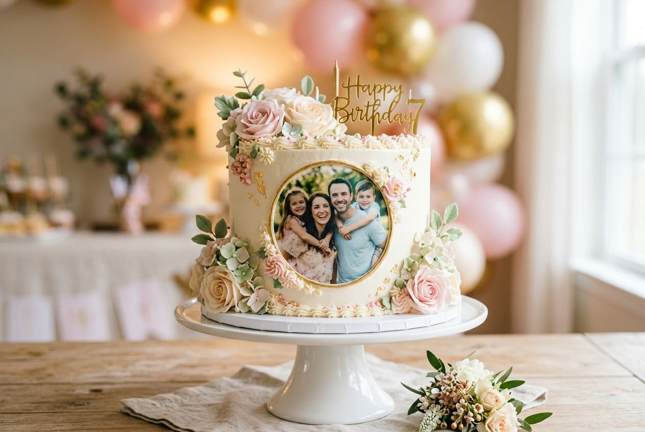 Gâteau d’anniversaire élégant avec photo personnalisée au centre, fleurs délicates et décor “Happy Birthday” sur socle blanc. Feuille comestible pour gâteau personnalisé non visible mais suggérée dans le contexte.