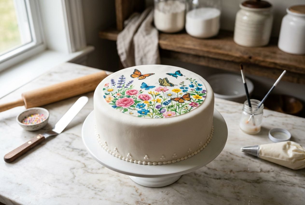 Gâteau décoré avec une feuille azyme imprimable garnissant le dessus, bouquet floral et papillons colorés sur fond blanc, plan de travail pâtisserie.紙 azyme imprimable gâteau (inclut le mot-clé de façon naturelle).