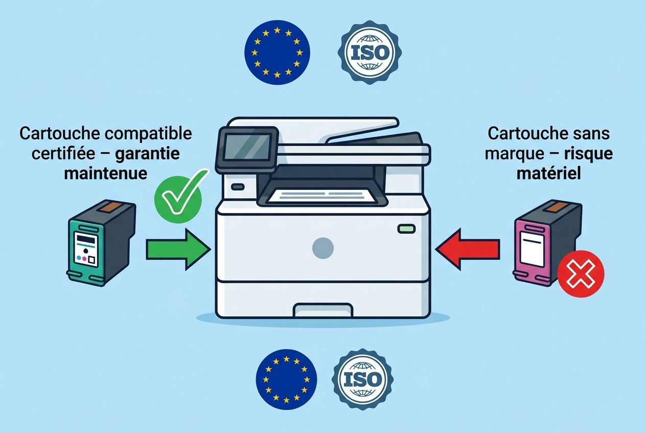 Illustration d’imprimante au centre avec cartouches; flèche verte vers cartouche certifiée et bouton de validation, flèche rouge montrant cartouche non marquée et risque matériel; logos ISO et UE autour. Exemple intégrant le mot-clé: comment choisir encre imprimante.