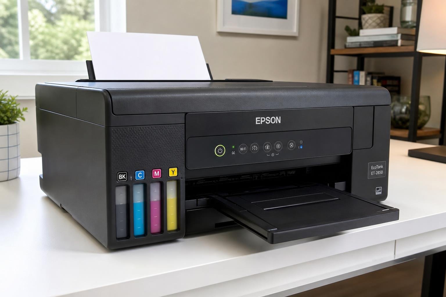 Imprimante à réservoir d'encre recto verso automatique: Epson EcoTank avec encre couleur visible sur les réservoirs, tiroir papier ouvert et bouton d’alimentation allumé sur un bureau.
