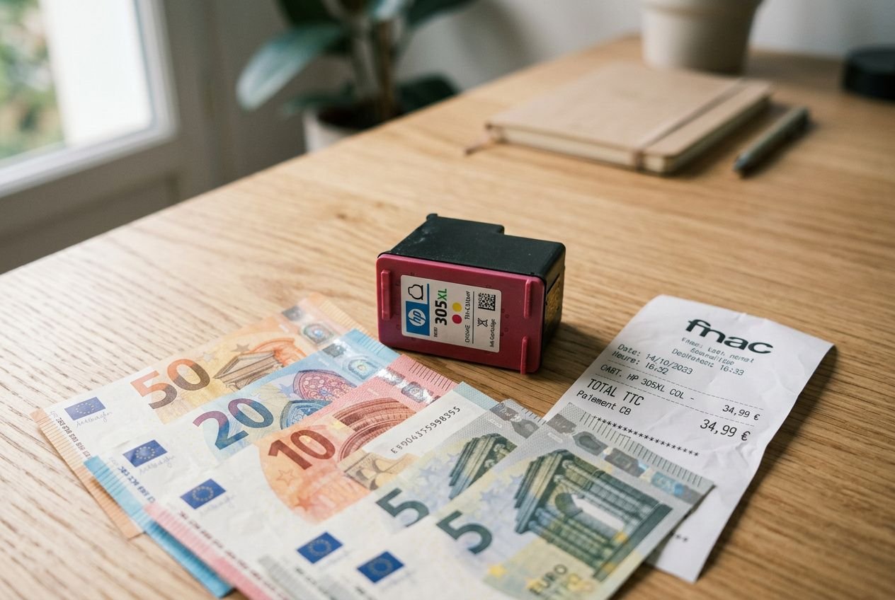 Imprimante Epson? cartouche d’encre sur un reçu et des billets euro, évoquant le coût élevé et le prix de l’encre. pourquoi les cartouches d encre sont si chères.