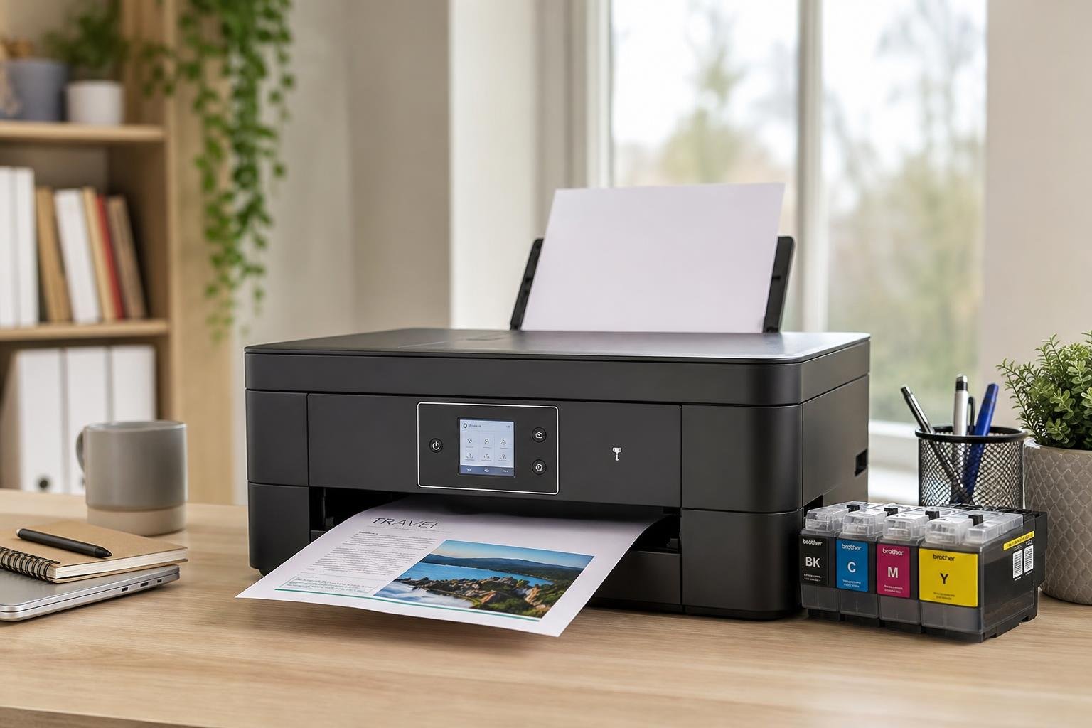 Imprimante multifonction compacte imprimant une photo couleur, bords noirs, sur un bureau en bois avec cartouches d’encre à gauche et papier en sortie.
