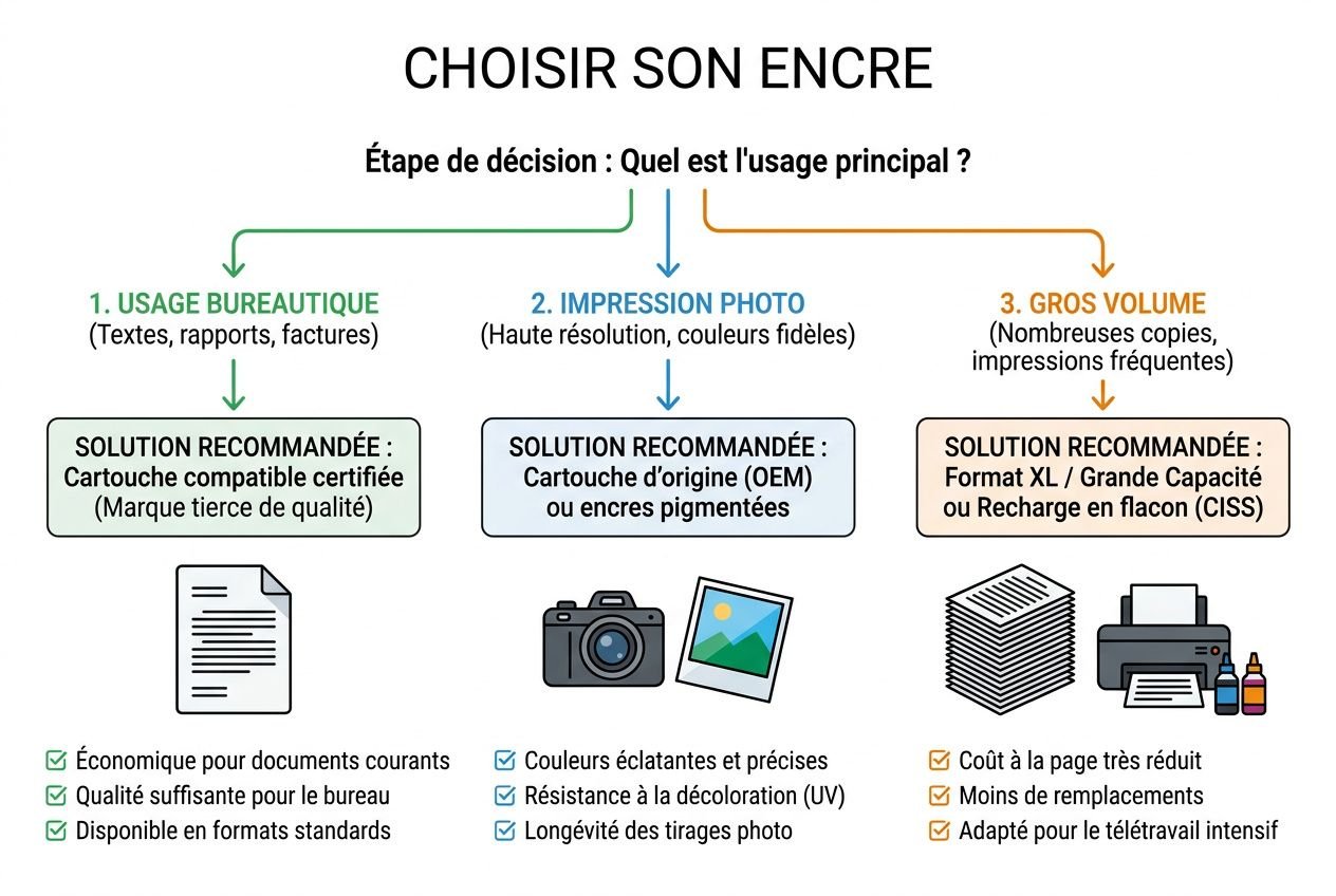 Processus « comment choisir encre imprimante » illustrant les choix selon usage: bureautique, impression photo et gros volume, avec solutions recommandées et avantages.