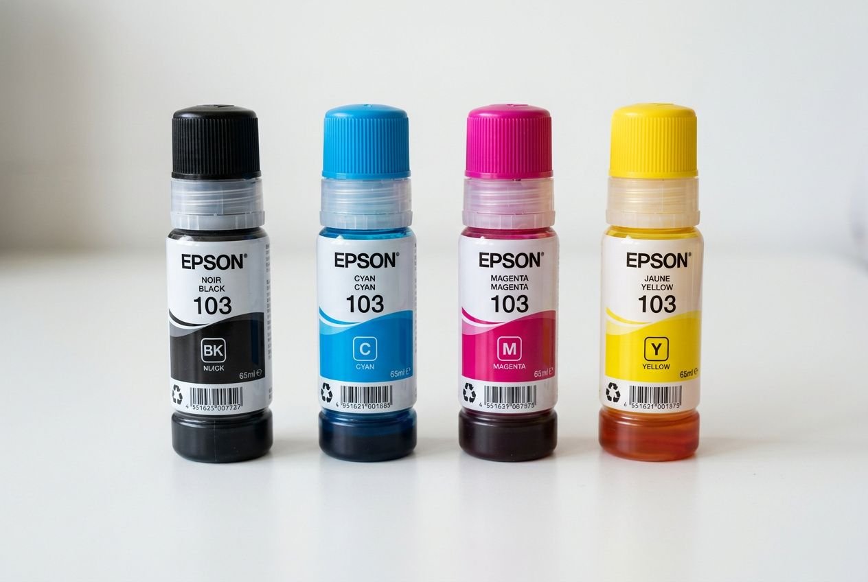 Quatre bouteilles d’encre Epson 103 noir, cyan, magenta et jaune alignées, compatibles EcoTank, avec bouchons de couleurs distinctes. Encre imprimante epson 103.