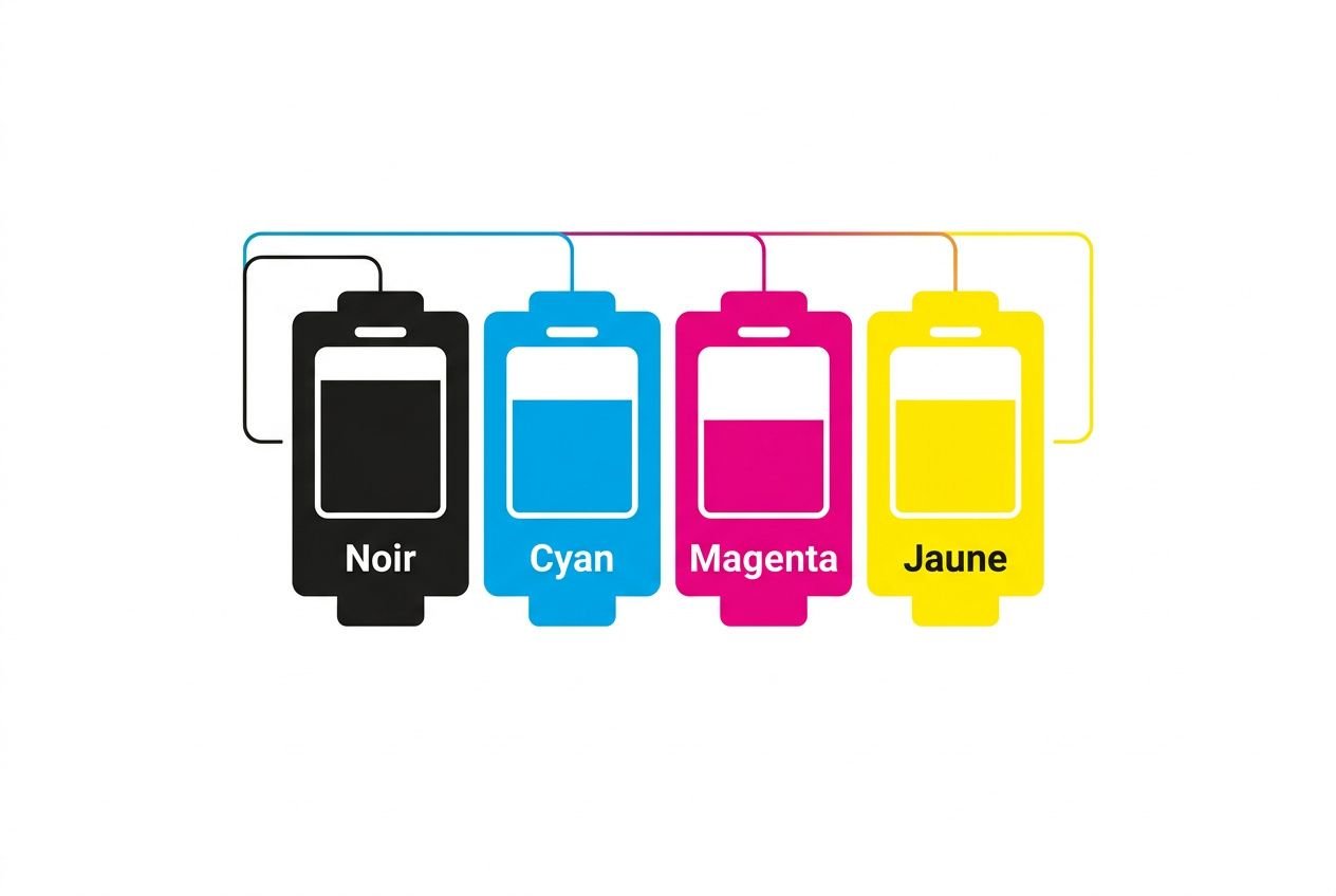 Quatre cartouches d’encre colorées (noir, cyan, magenta, jaune) en ligne, avec des cadres autour. Encre imprimante pas cher.