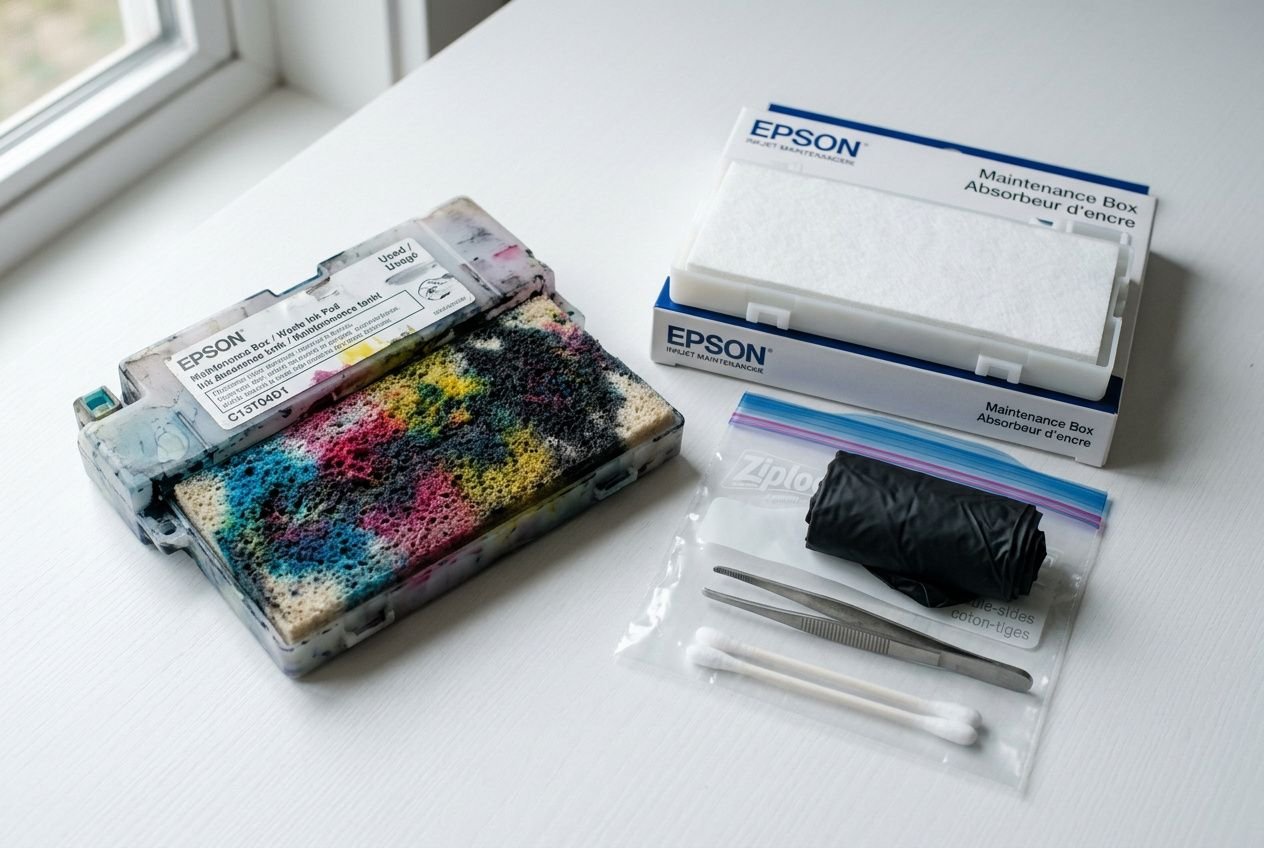 Tampon encreur Epson avec cartouche d’encre usée et accessoires d’entretien, prêt pour le nettoyage ou le remplacement. d'un tampon encreur epson intégré naturellement.