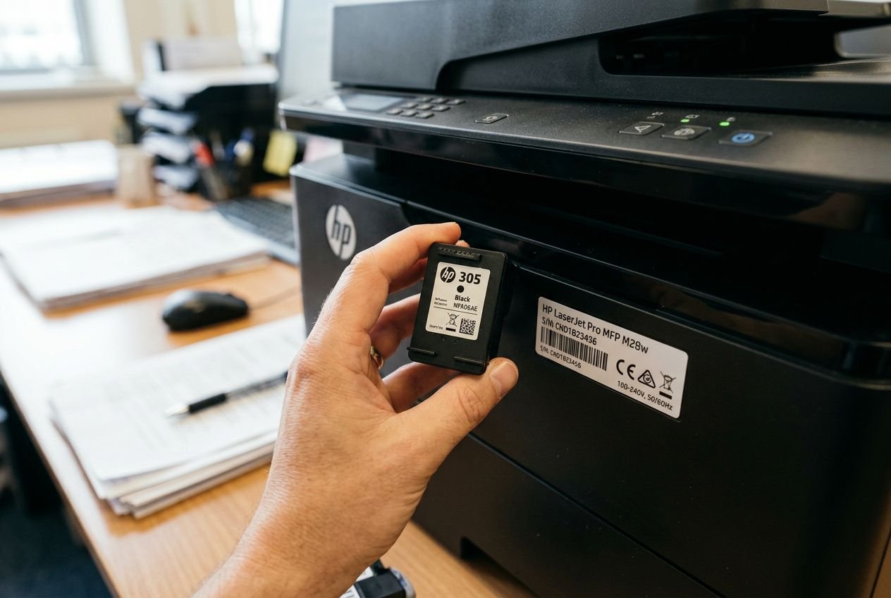 Utilisateur insère une cartouche HP dans une imprimante, vérifiant la compatibilité par référence pour savoir si l’encre est compatible.
